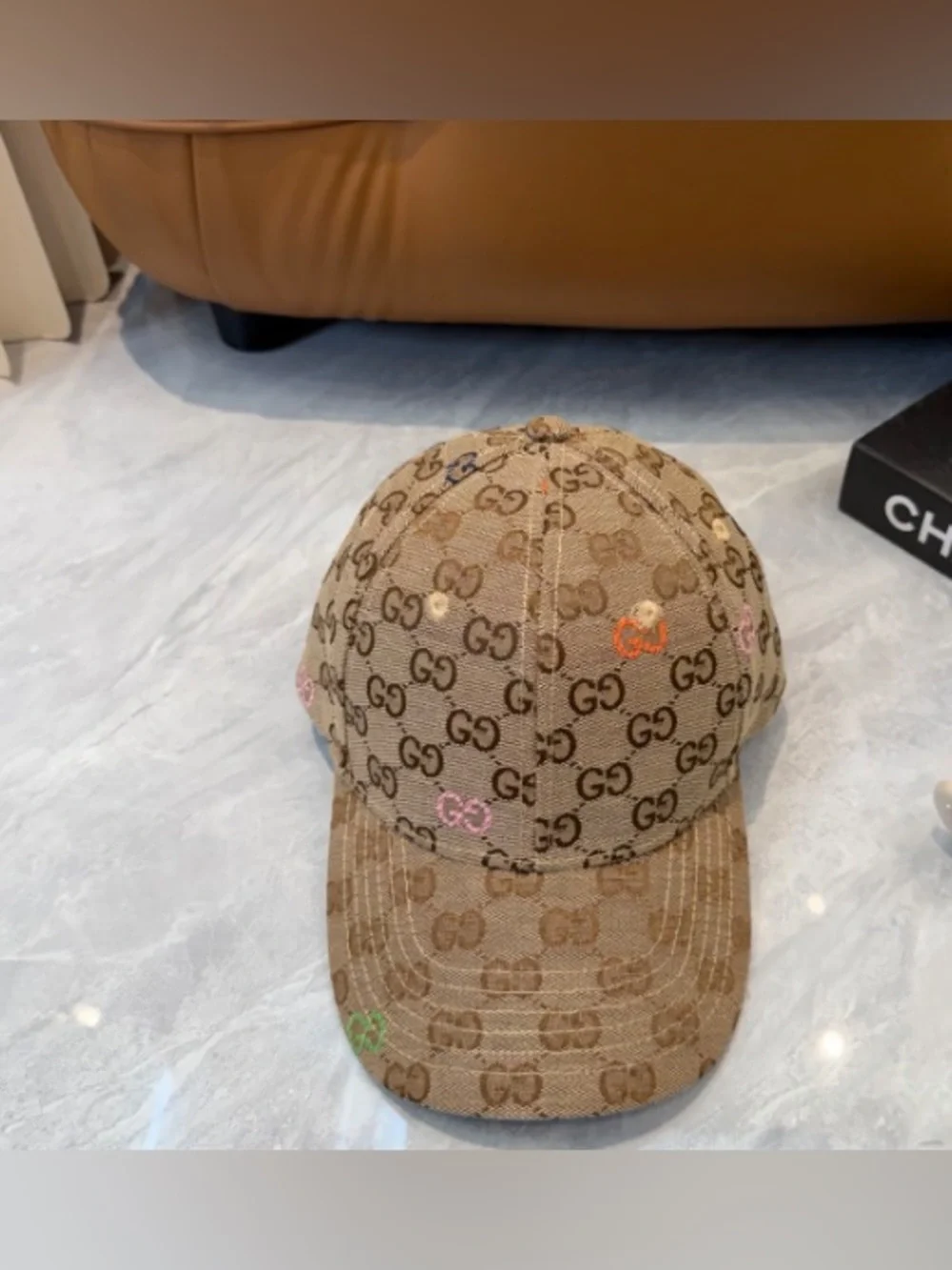 Gucci Kids Beige GG Monogram Baseball Cap with Multicolor Embroidery